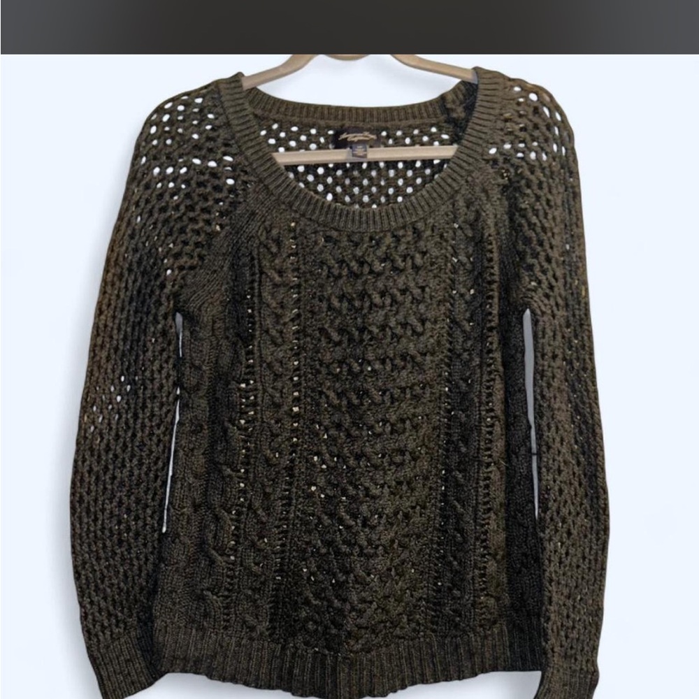 American Eagle Outfitters Olive Open-Knit Cable Crew Sweater